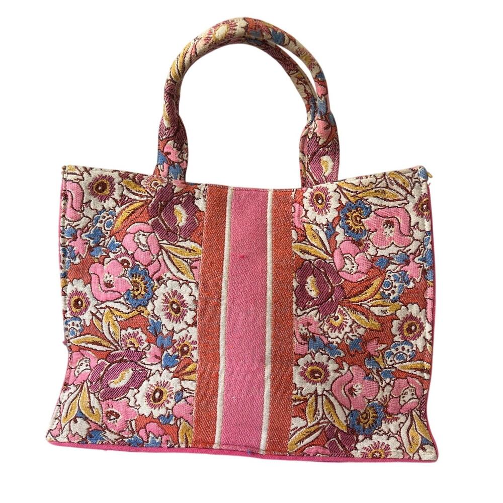 Shiraleah Melanie Pink Floral Jacquard Tapestry Tote Bag Orange Striped Chicago